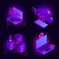 CyberSecurity Isometric Illustrations. Cloud Data Storage, Warning Concept, Computer, Spy