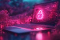 Cybersecurity: Laptop Screen Displays A Glowing Padlock Symbol Amidst Digital Code, Symbolizing Data Protection Royalty Free Stock Photo