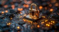Cybersecurity lock on circuit board - generative ai