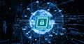 Cybersecurity lock icon with data processing image over digital code background