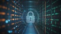Cybersecurity Lock Icon in Digital Data Tunnel Network Security Royalty Free Stock Photo