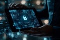 Cybersecurity lock icon displayed on a digital tablet screen with abstract binary code background Royalty Free Stock Photo