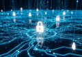 Cybersecurity lock icons flowing over abstract digital blue network background Royalty Free Stock Photo