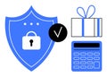Cybersecurity with Lock Shield, Gift Box, Calculator, and Verification Checkmark Royalty Free Stock Photo