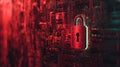 Cybersecurity lockdown digital realm visual concept red-toned environment close-up view data protection