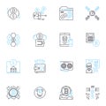 Cybersecurity measures linear icons set. Encryption, Firewall, VPN, Patching, Authentication, Antivirus, Biometrics line
