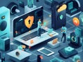 Cybersecurity Measures Set Up by 3D Rendered Employee in Digital Workspace