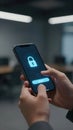 Cybersecurity on mobile phone with secure lock interface, biometric login and data safety concept Royalty Free Stock Photo