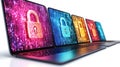 Cybersecurity: Multiple Laptops Displaying Padlocks, Data Security, Digital Privacy, Network Protection, Online Safety, Secure