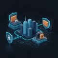 Cybersecurity Network Protecting Cityscape: Isometric 3D Render Royalty Free Stock Photo