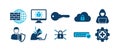 Cybersecurity and Network Protection solid icon set. Containing icons related to Firewall, Malware Bug, Cloud Security, Phishing Royalty Free Stock Photo