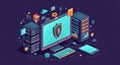 Cybersecurity Network with Servers and Shields Protecting Data in Digital Environment