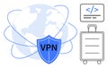 Secure Global VPN Concept with Internet Shield, Coding Icon, and Travel Suitcase Royalty Free Stock Photo