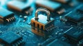 Cybersecurity padlock on circuit board, protecting digital data, encryption, and network security Royalty Free Stock Photo