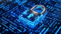 Cybersecurity Padlock Digital Circuit Board with Blue Binary Code Background