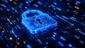 Cybersecurity Padlock Digital Circuit Board with Blue Binary Code Background