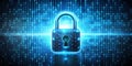 Cybersecurity Padlock Network Composition, Binary Background, Digital Security Concept