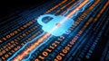 Cybersecurity padlock over binary code stream, digital data protection concept Royalty Free Stock Photo