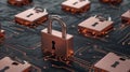 Cybersecurity padlock protecting circuit board, ensuring data encryption, network security, and access control