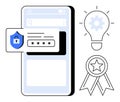 Secure Password Authentication with Shield Icon on Smartphone Screen, Light Bulb and Award Ribbon Graphics Royalty Free Stock Photo