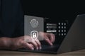 Cybersecurity and privacy concept. Internet network security technology. Businessman or user typing login and password