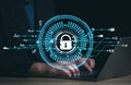 Cybersecurity and privacy concept. Internet network security technology. Businessman or user typing login and password