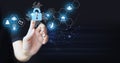 Hand-touching lock icon and internet network security technology. Royalty Free Stock Photo