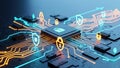 Cybersecurity Processor with Glowing Circuit Board and Lock Icons Royalty Free Stock Photo