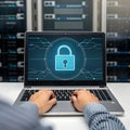 Cybersecurity Protection Concept with Digital Padlock on Laptop Screen Royalty Free Stock Photo