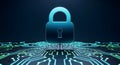 Cybersecurity Protection: Glowing digital padlock icon securing sensitive data on a futuristic circuit board for technology users. Royalty Free Stock Photo