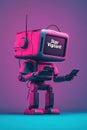 Cybersecurity Robot Holds Devices Displaying Caution Message In Pink Purple Light Indicating Digital Awareness On Colored Royalty Free Stock Photo
