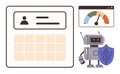 Cybersecurity Robot Protecting User Data with Shield and Performance Monitoring Dashboard Royalty Free Stock Photo