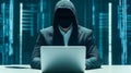 Cybersecurity Scene with Hacker Wearing a Hood and Blacked-Out Face