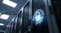 Cybersecurity security lock hologram activated by gloved hand in a server room, data protection concept Royalty Free Stock Photo