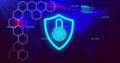 Cybersecurity shield is being shown in flat design grid interface, with fingerprint icon hexagons