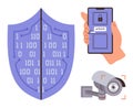 Cybersecurity Shield with Binary Code, Smartphone Unlock Screen, and Surveillance Camera Royalty Free Stock Photo