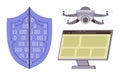 Cybersecurity Shield with Binary Code, Surveillance Drone, and Digital Monitor Concept Royalty Free Stock Photo