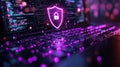 Cybersecurity Shield and Code on Laptop Keyboard