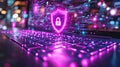 Cybersecurity Shield and Code on Laptop Keyboard,
