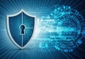 Cybersecurity shield with digital lock and binary network data visualization Royalty Free Stock Photo