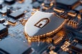 Cybersecurity Shield on Futuristic Circuit Board Royalty Free Stock Photo