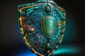 Cybersecurity Shield in Futuristic Digital Space with Neon Hues, Intricate Circuitry Patterns, and Holographic Data