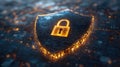 Cybersecurity shield with glowing lock symbol on digital background
