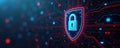 Cybersecurity shield glows with neon light on dark backdrop. Digital padlock icon signifies data encryption, network safety. Royalty Free Stock Photo