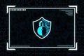 Cybersecurity shield icon with digital effects on dark background. 3D Rendering Royalty Free Stock Photo