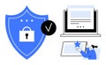 Cybersecurity Shield with Lock, Verified Checkmark, Laptop Interface, and User Interaction Scene Royalty Free Stock Photo