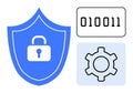Cybersecurity Shield with Padlock, Binary Code, and Gear Representing Data Protection and System Settings Royalty Free Stock Photo