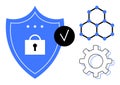 Cybersecurity Shield with Padlock, Network Nodes, and Gear Representing Safety and System Integration Royalty Free Stock Photo