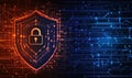 Cybersecurity shield with padlock symbol on digital circuit background