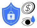 Cybersecurity Shield Protecting Data with Currency and Surveillance Elements Royalty Free Stock Photo